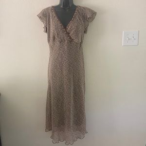 VINTAGE Believe Dress Size 12 Fairy Y2K Chiffon Flutter Ruffle Brown Wood Beads